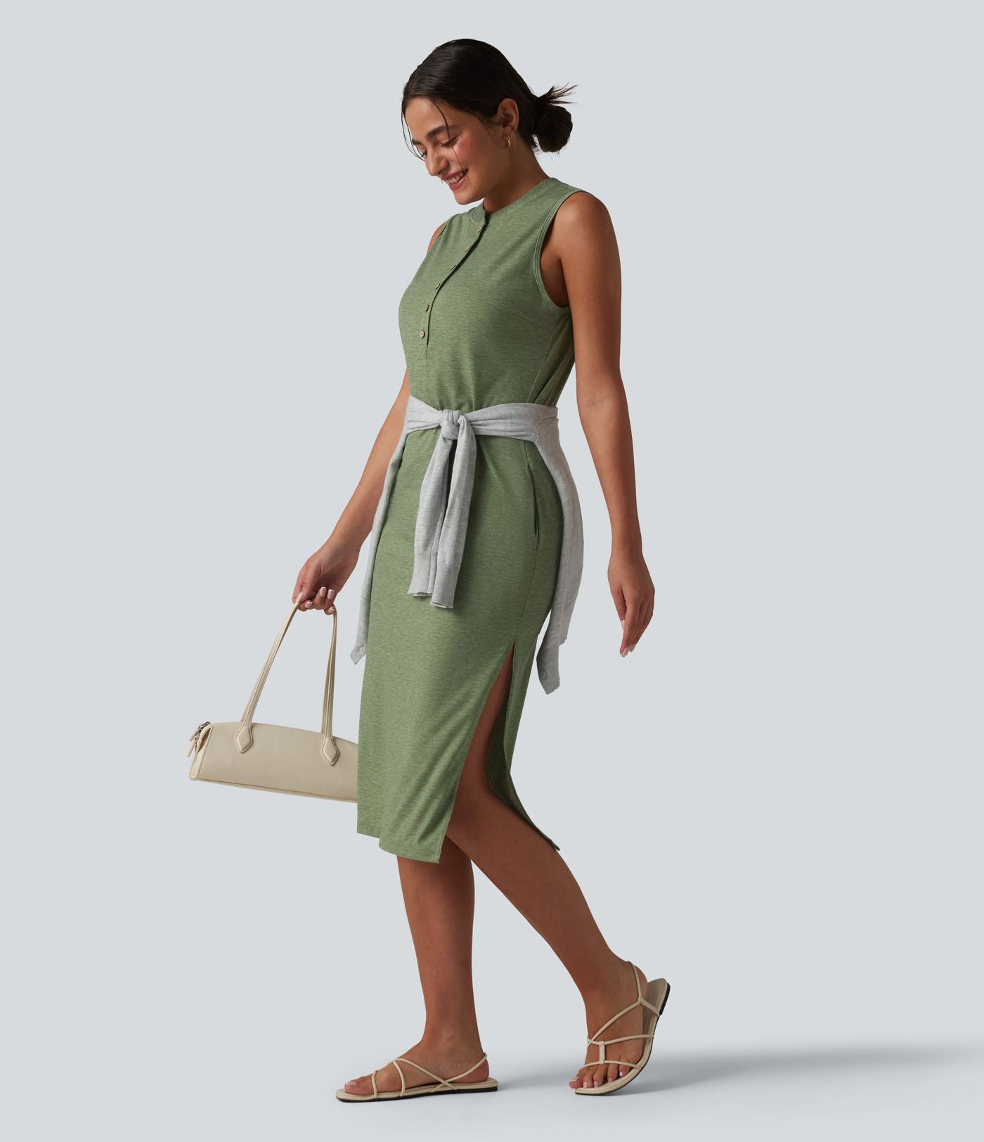 Robe midi décontractée sans manches col tunisien avec poches