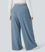 Pantalon de travail grande taille Halara Flex™ à taille haute sculptante et amincissante, poches latérales, jambes larges et tissu micro-gaufré