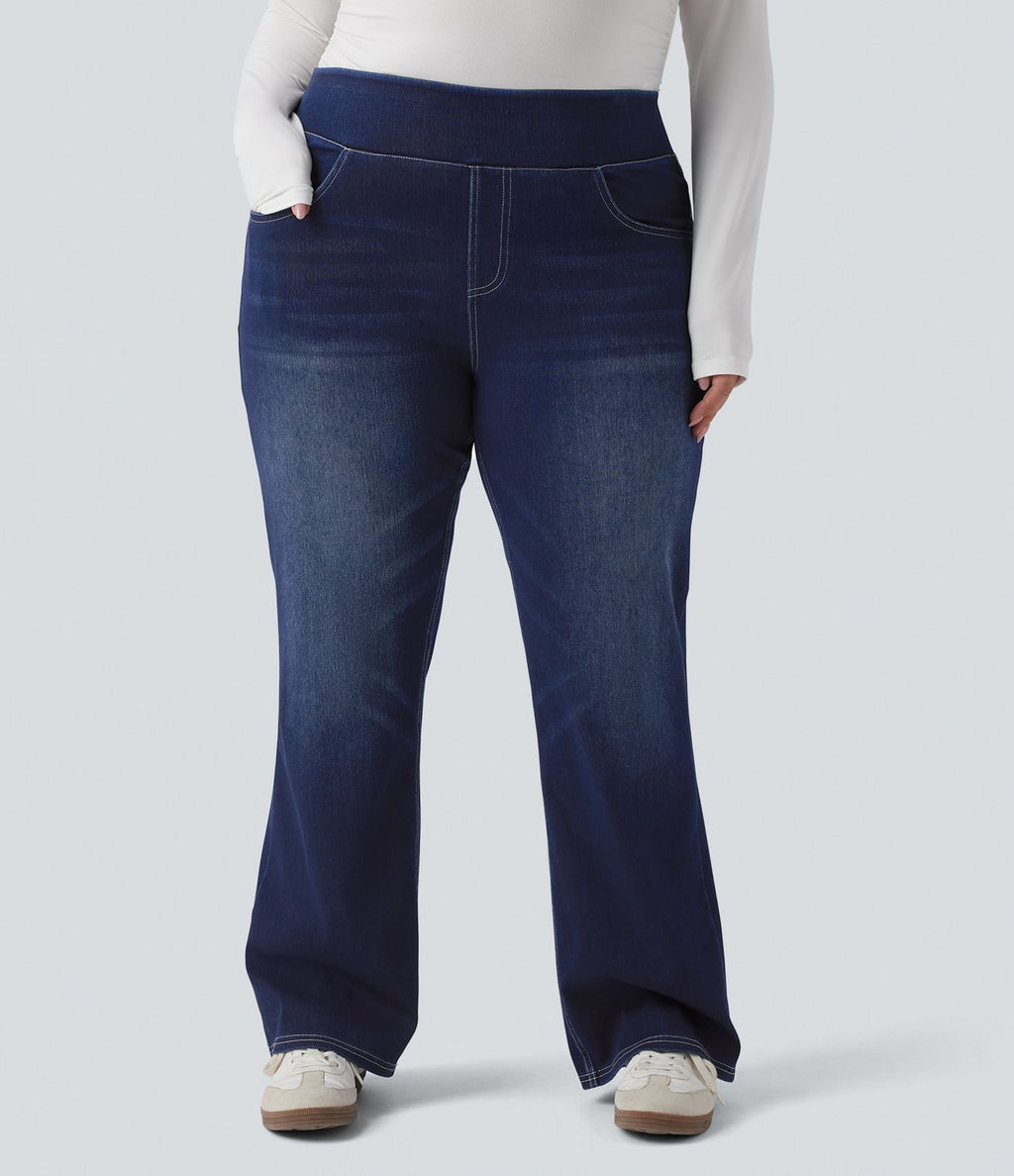 Jean décontracté Halara Flex™ grande taille bootcut taille haute en maille extensible délavée avec multiples poches