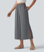Pantalon ample court taille haute aspect lin avec fentes et poches