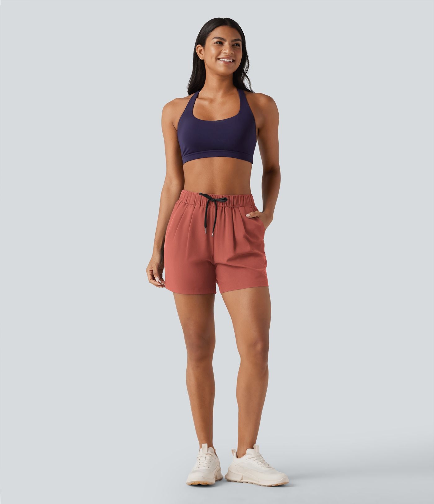 Short de yoga plissé taille haute élastique 12,5 cm avec cordon de serrage et poches