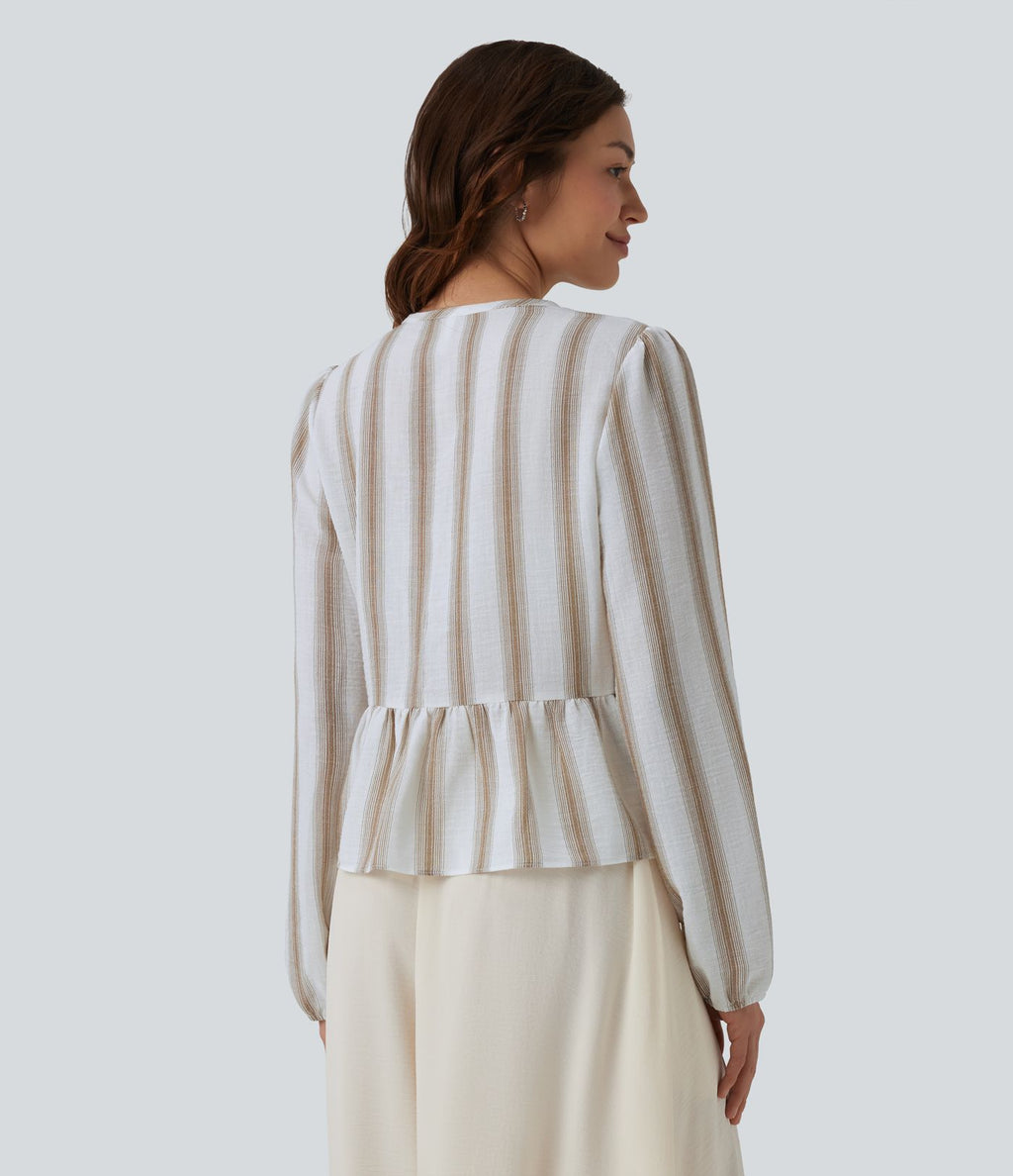 Blouse aspect lin à rayures manches longues ourlet à volants à nouer devant