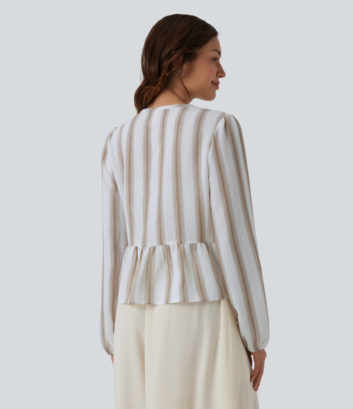 Blouse aspect lin à rayures manches longues ourlet à volants à nouer devant