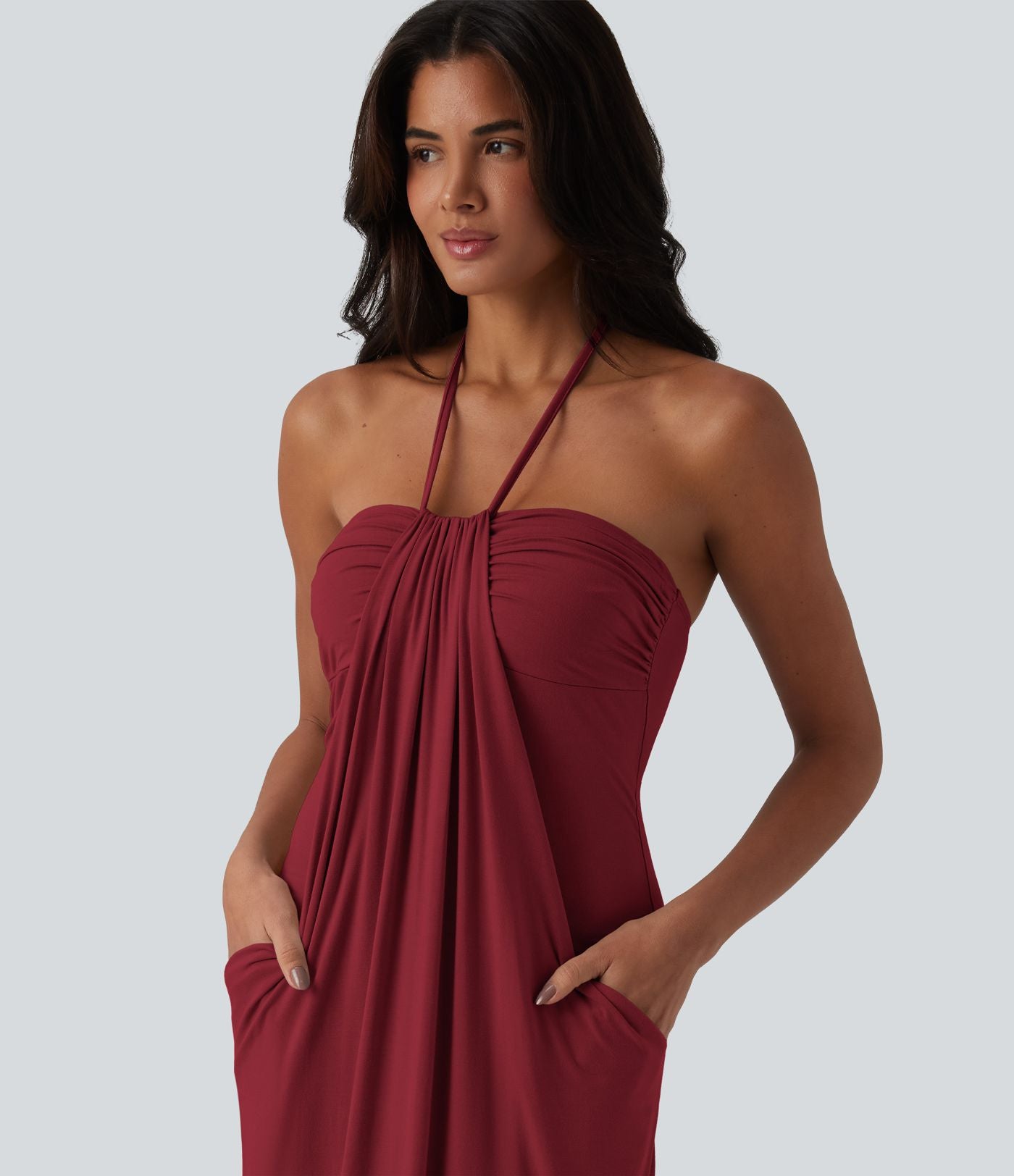 Robe longue dos nu col licou avec nœud et poches