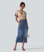 Halara Flex™ Jupe midi en denim taille haute ventre plat avec poches