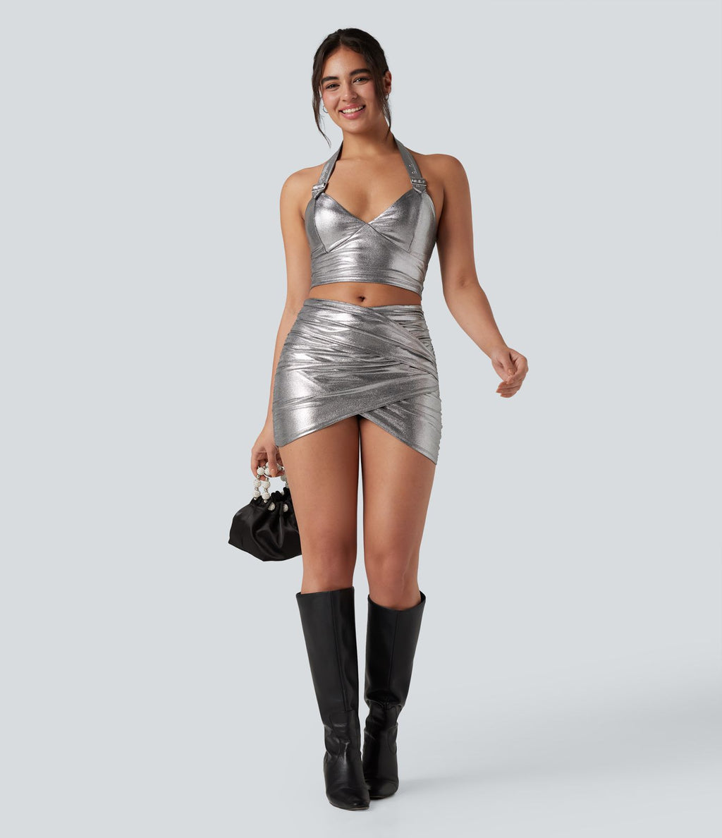 Mini-jupe moulante 2-en-1 SoftlyZero™ taille haute en simili, drapée croisée, effet sparkle métallisé, extensible