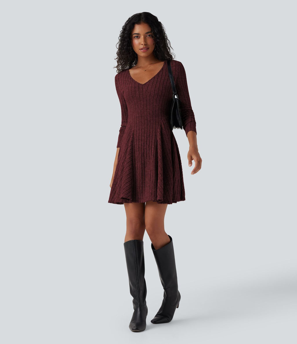 Robe décontractée mini évasée maille côtelée col V manches longues