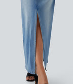 Halara Flex™ Jupe en Jean longue décontractée extensible délavé taille moyenne avec fente et multiples poches