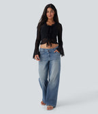 Halara Flex™ Jean large asymétrique taille basse avec bouton, fermeture éclair et poches multiples, délavé et extensible en maille