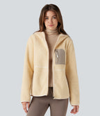 Veste sherpa randonnée à capuche manches longues avec poches