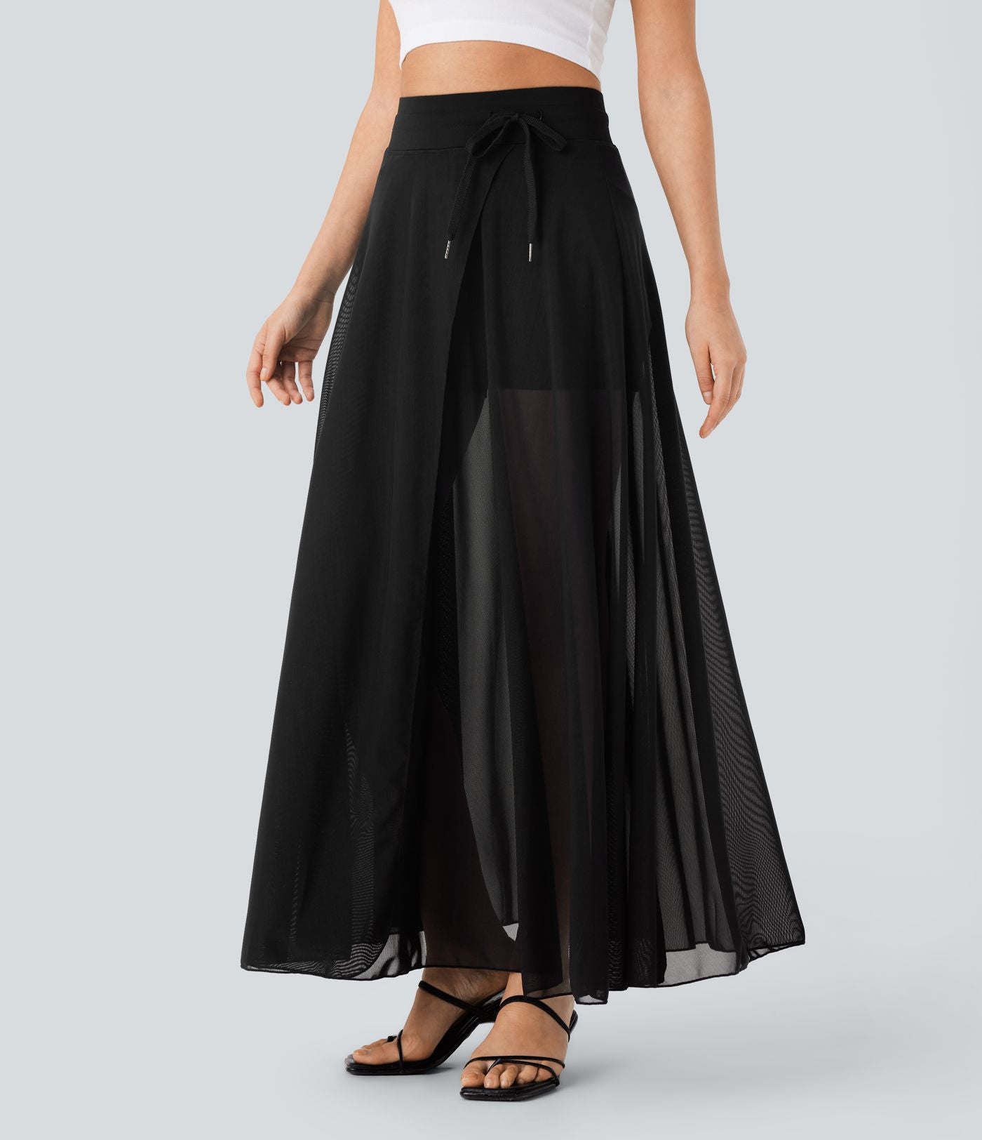 Jupe longue fluide 2-en-1 taille haute avec empiècements en résille