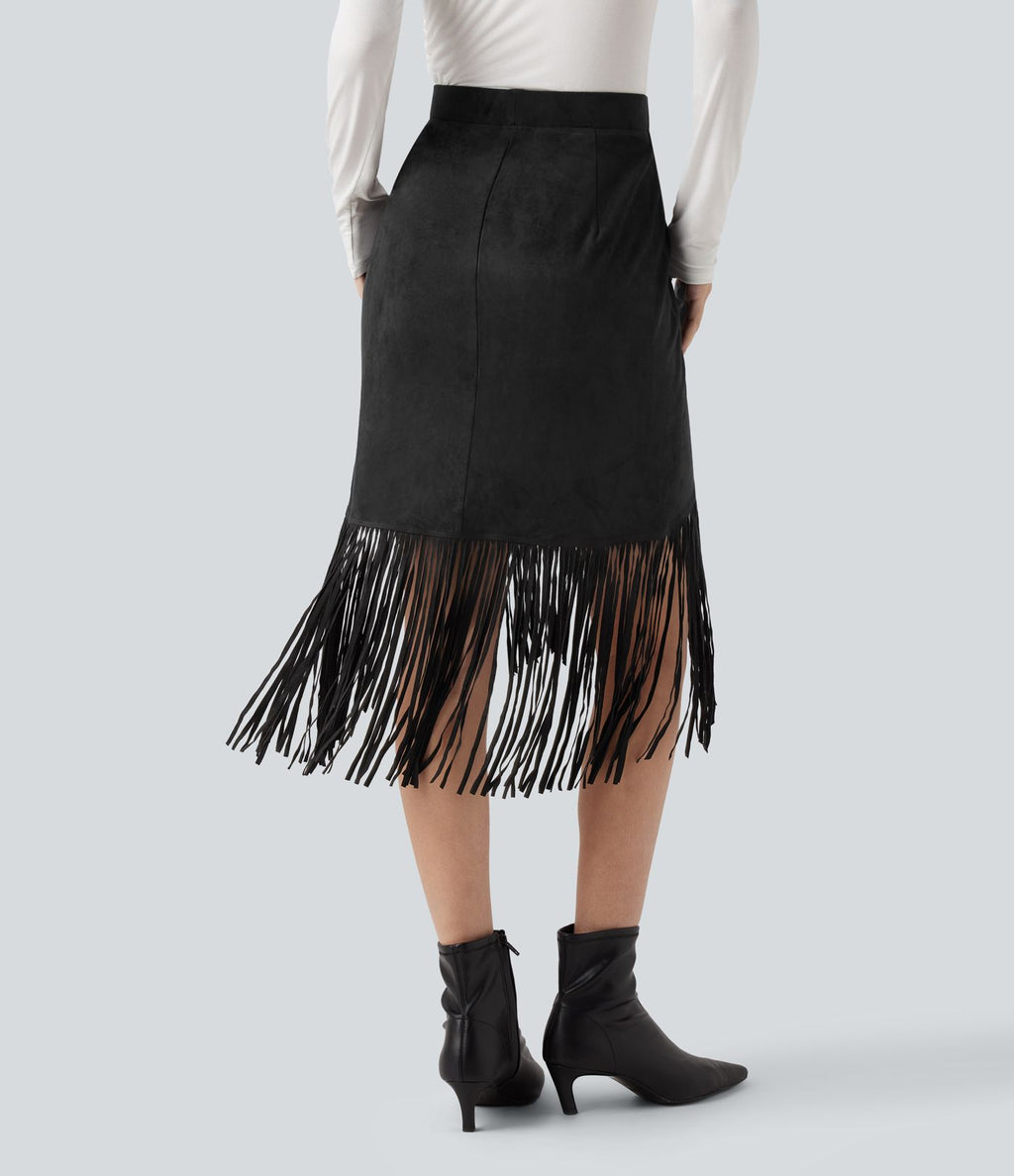 Jupe midi de soirée effet daim taille haute à franges