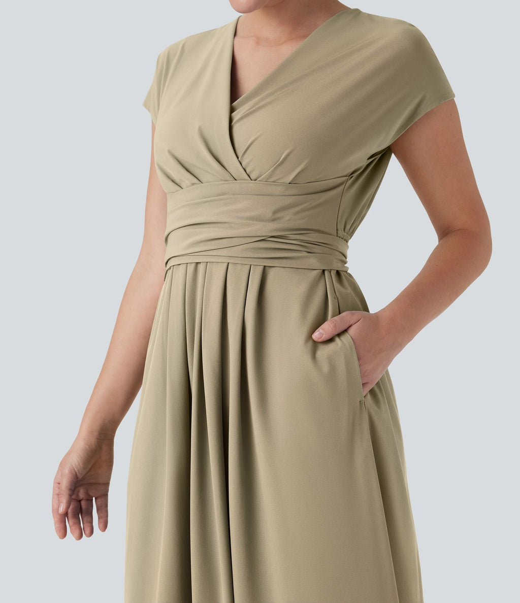 Robe midi Breezeful™ col V manches courtes à liens dans le dos séchage rapide avec poches latérales
