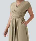 Robe midi Breezeful™ col V manches courtes à liens dans le dos séchage rapide avec poches latérales