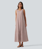 Robe débardeur midi décontractée col rond sans manches en vichy froissé avec poches