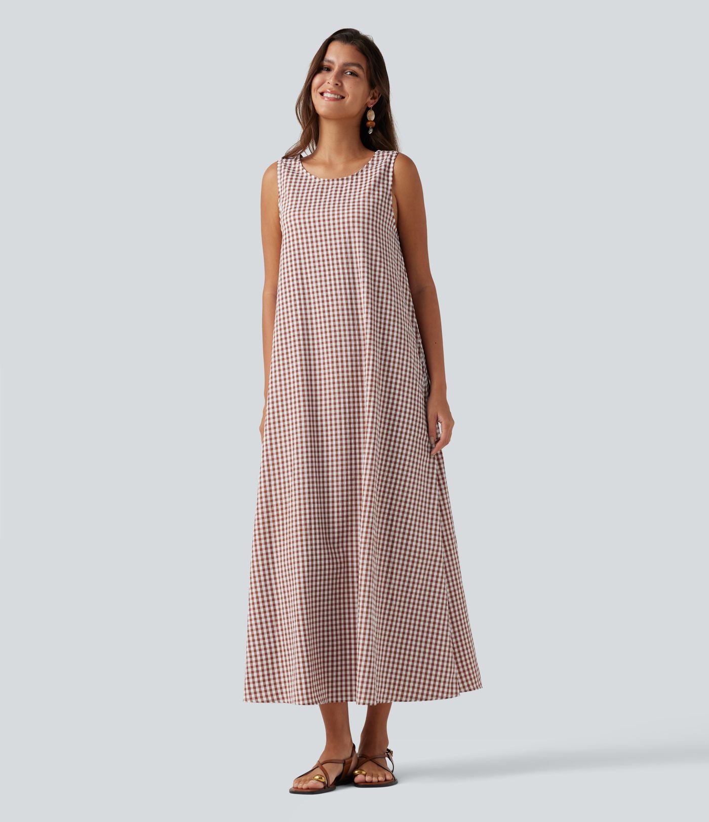 Robe débardeur midi décontractée col rond sans manches en vichy froissé avec poches