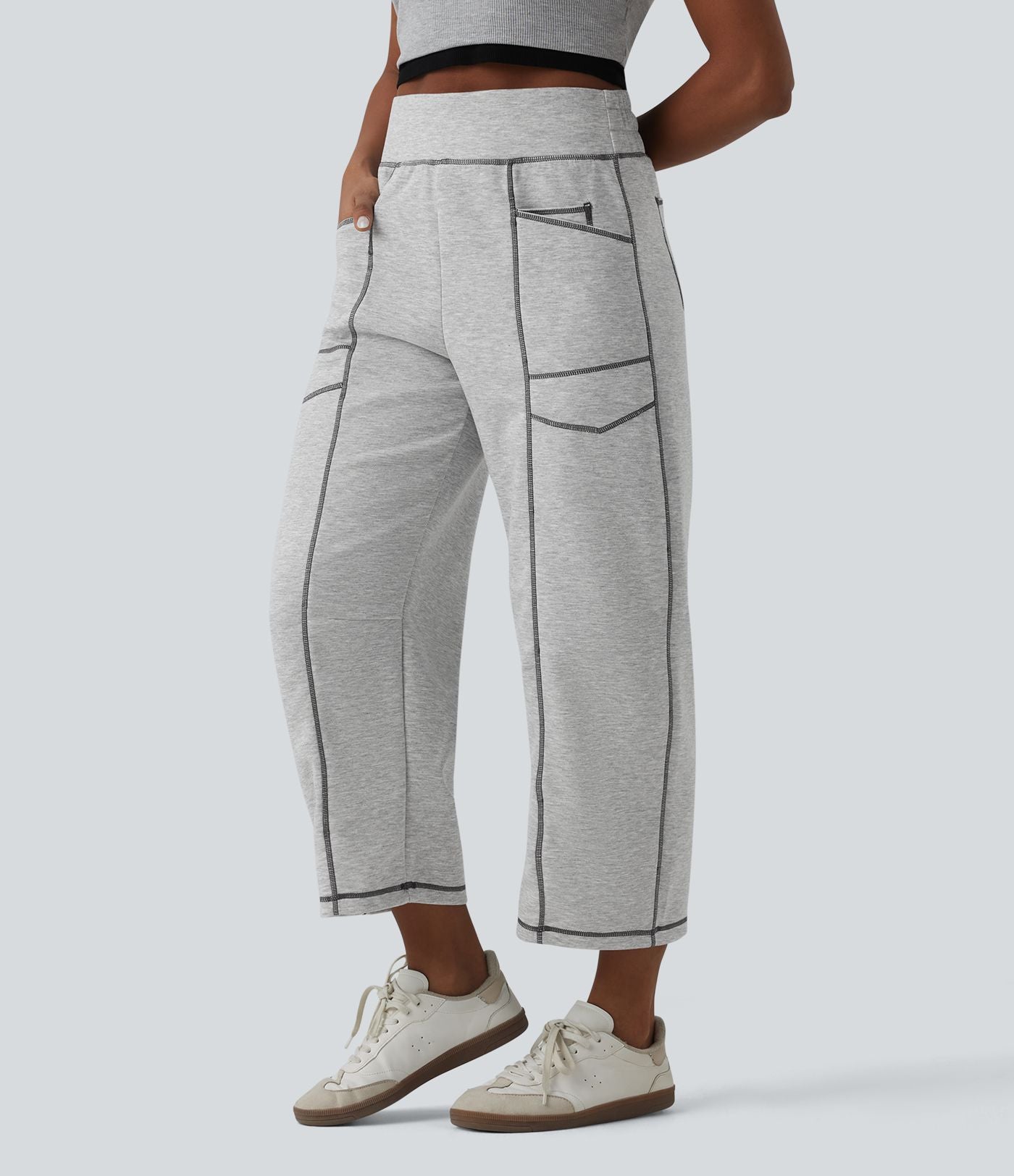 Jogging casual taille haute coupe barrel color block surpiqûres avec poches
