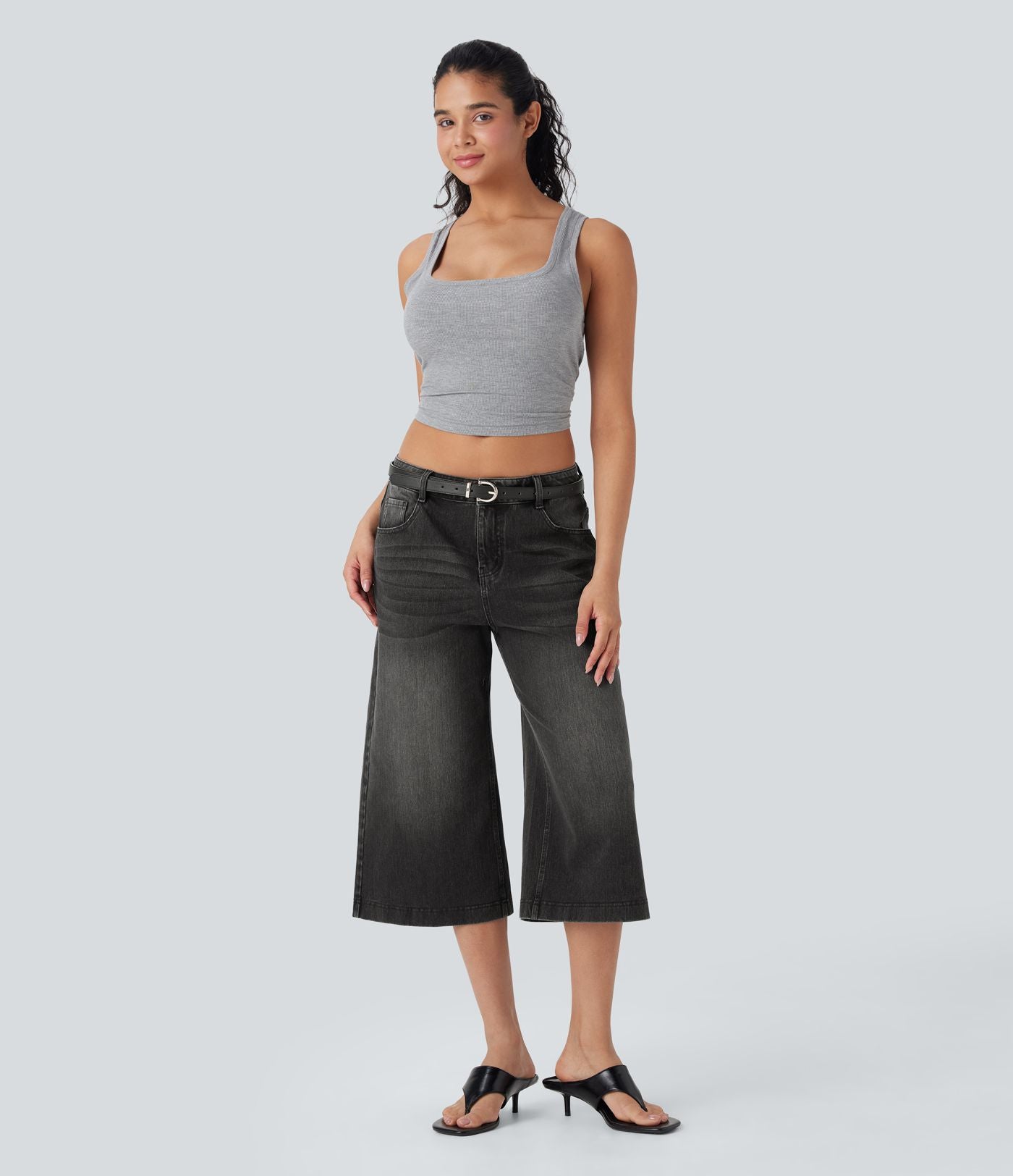 Jean capri décontracté Halara Flex™ baggy taille basse en maille extensible délavée avec poches