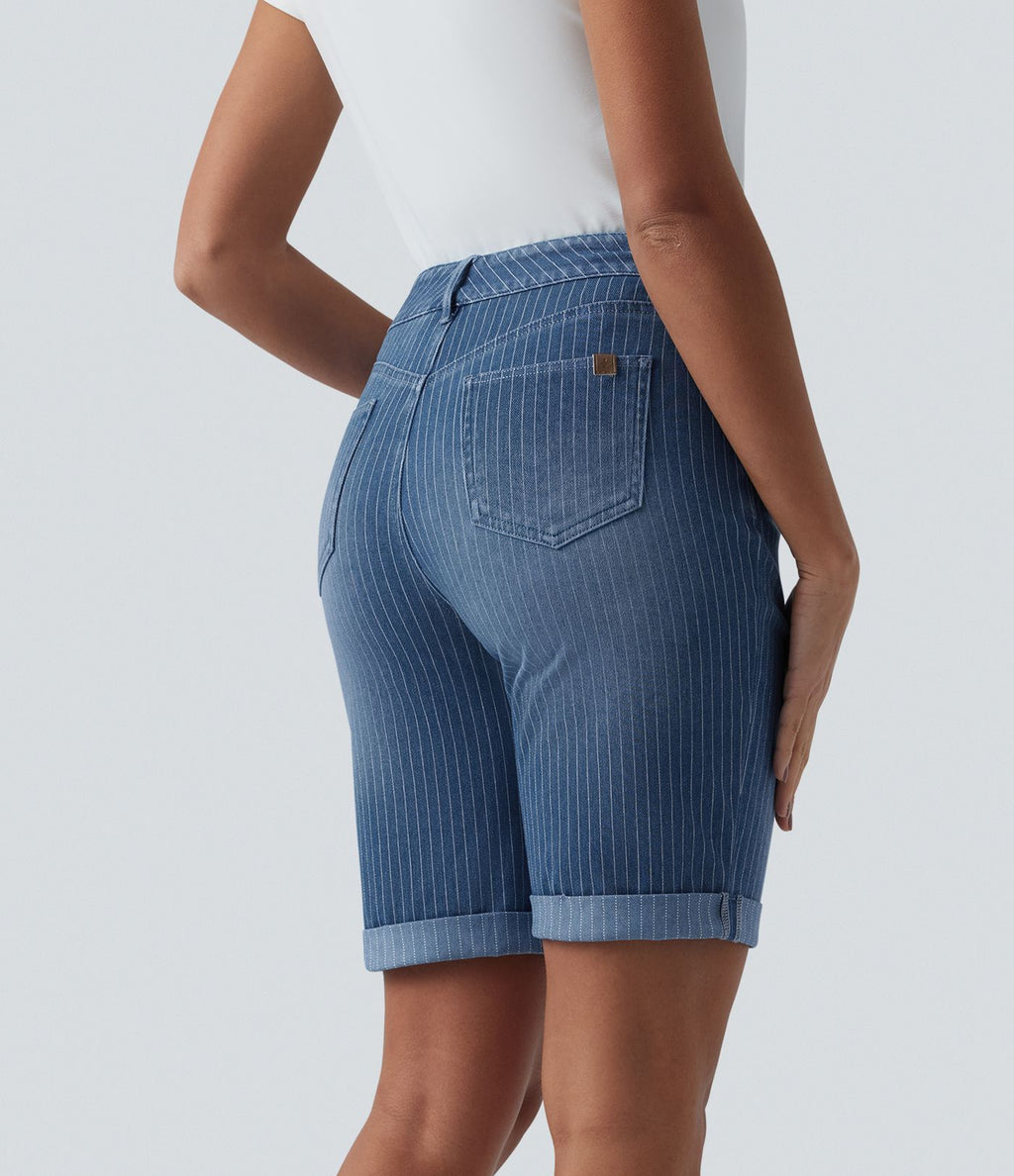 Short skinny casual en jean Halara Flex™ à rayures taille mi-haute avec ourlet retroussé et poches