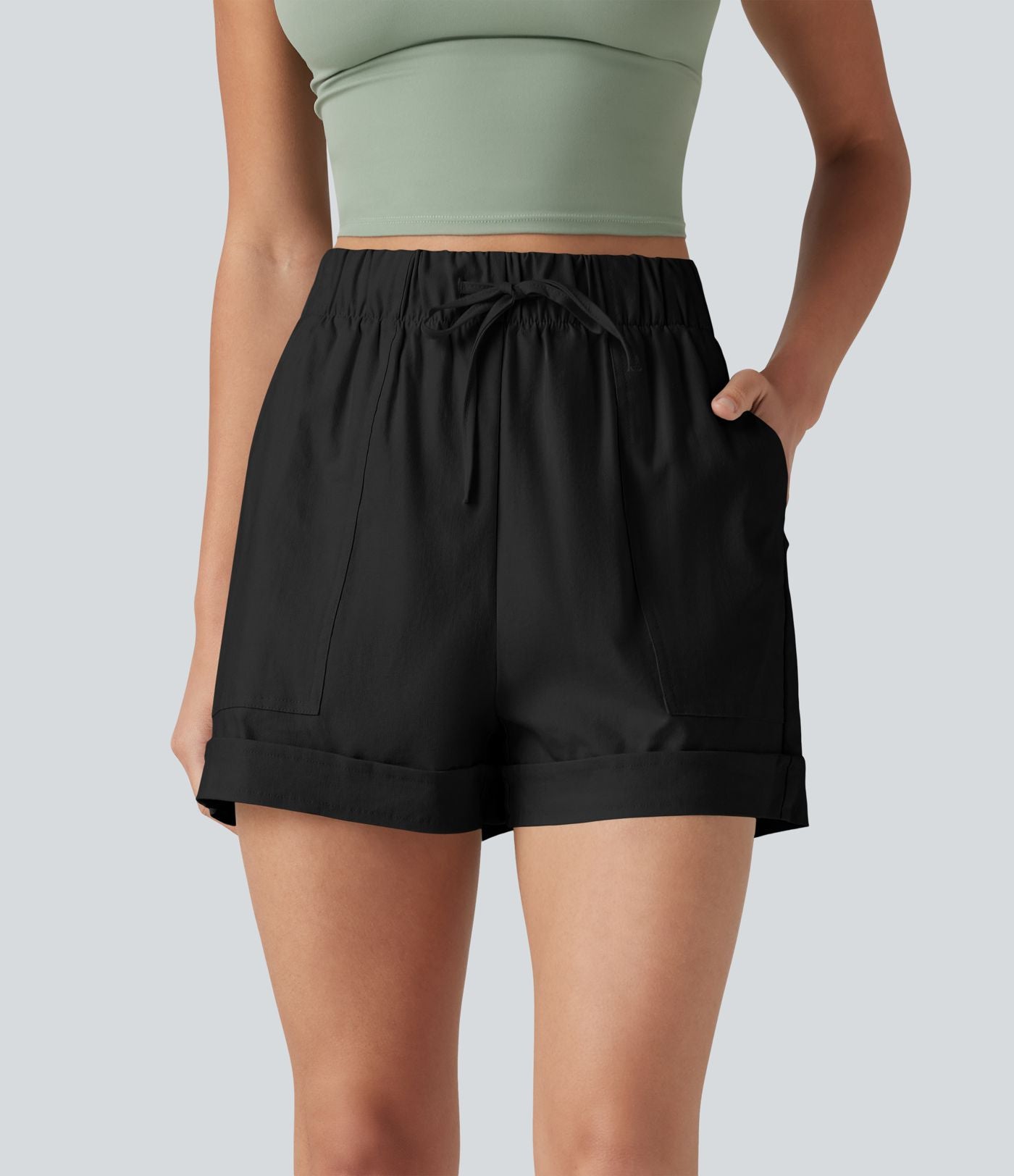 Short ample décontracté taille haute en coton et lin, cordon de serrage, ourlet retroussé et poches