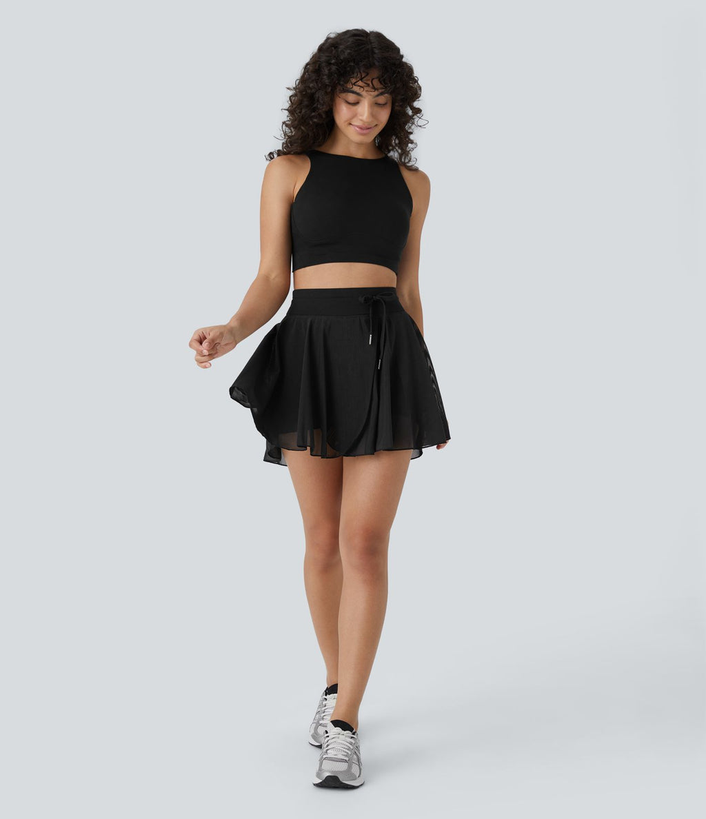 Jupe Casual Évasée Fluide 2 en 1 en Maille Contrastée Taille Haute Cordon de Serrage Poche Latérale