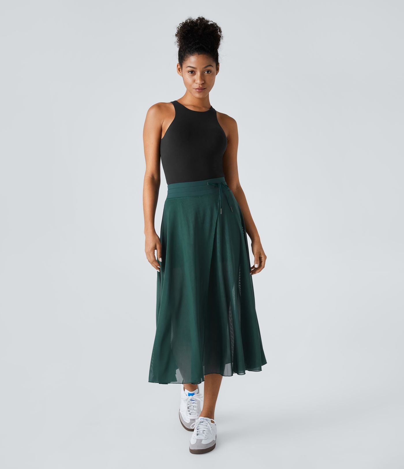 Jupe Casual Évasée Mesh Mi-Longue Fuide 2 en 1 Contrastée Taille Haute Cordon Poche Latérale