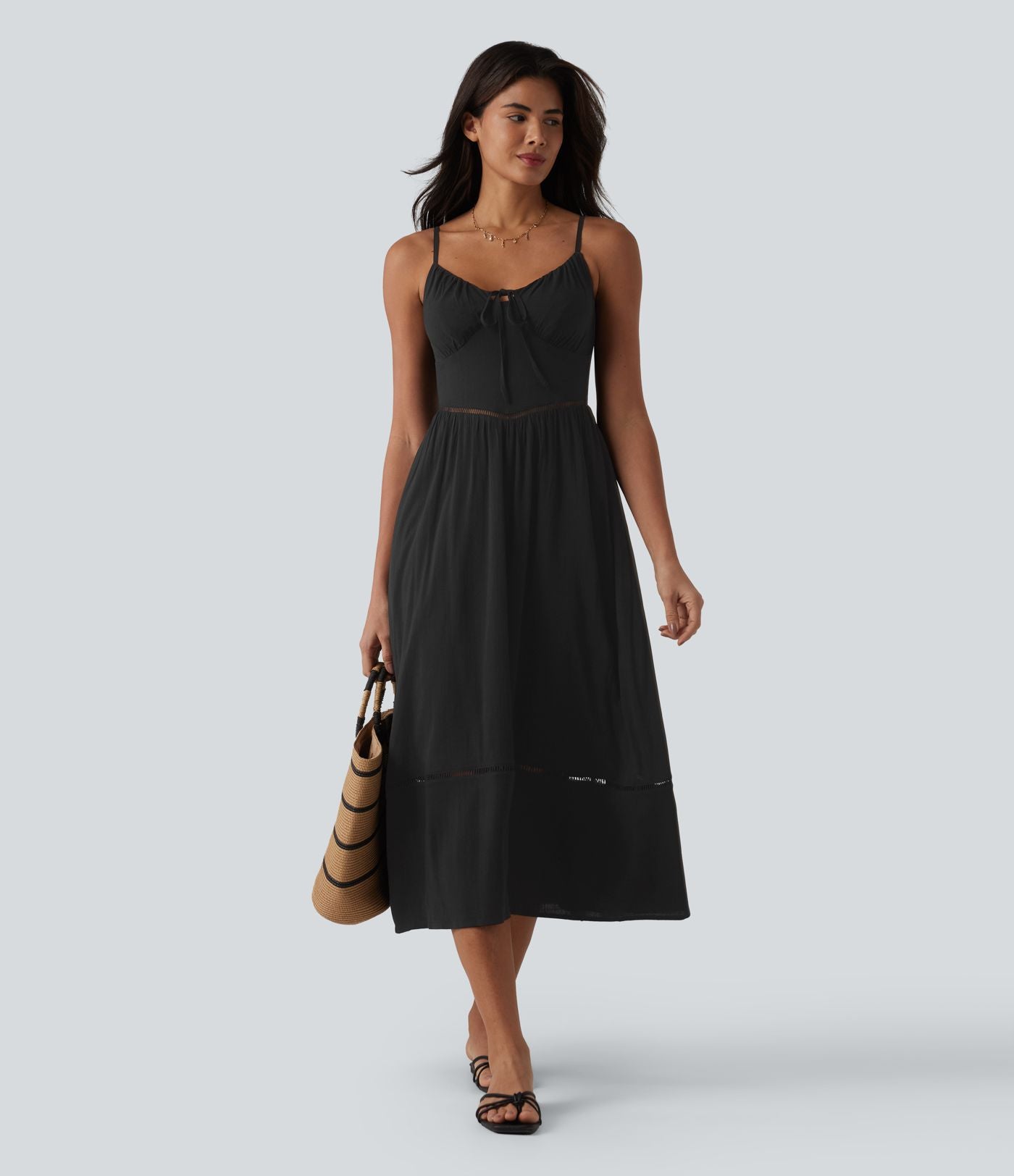 Robe nuisette midi aspect lin avec nœud devant, découpes et poches