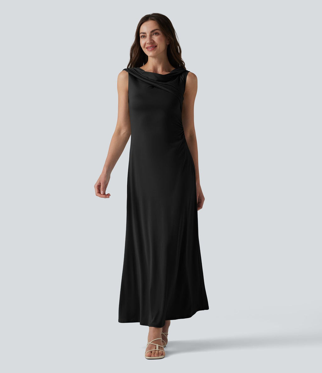 Robe casual maxi froncée à épaules dénudées avec lien noué dans le dos