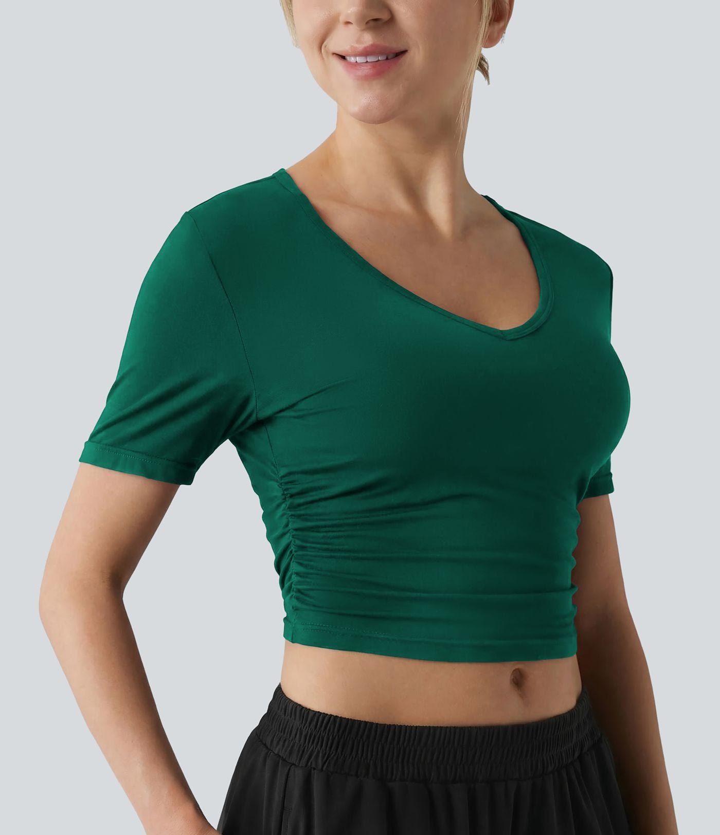 T-shirt décontracté col V manches courtes coupe courte