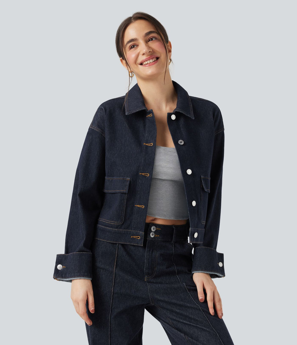 Veste denim Halara Flex™ col chemise manches longues