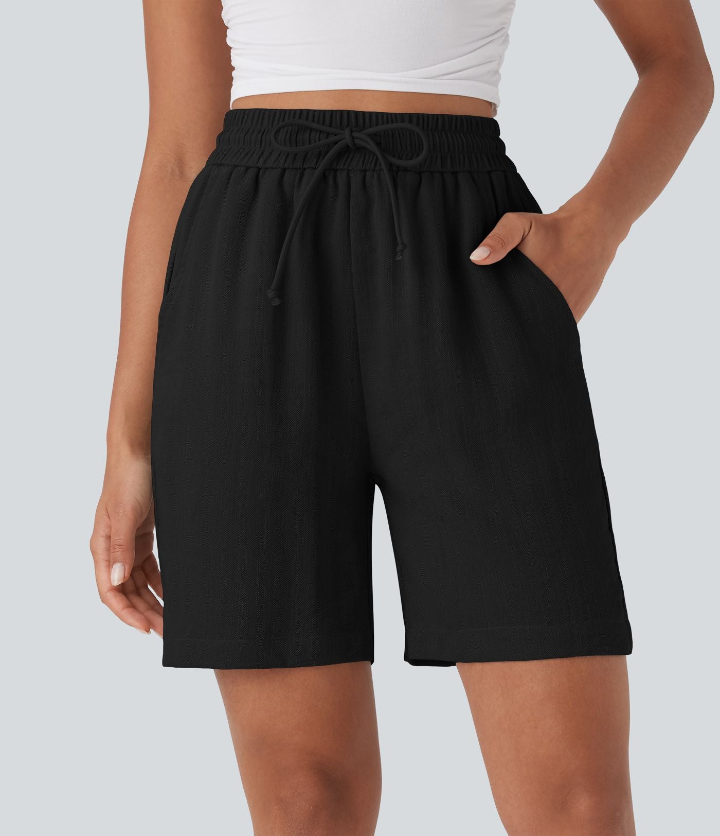 Short décontracté effet lin taille haute avec cordon de serrage et poches latérales