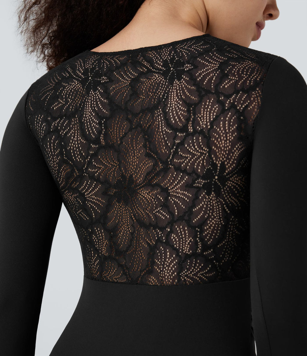 Robe de soirée moulante courte SoftlyZero™ dentelle contrastante manches longues froncée - UPF50+