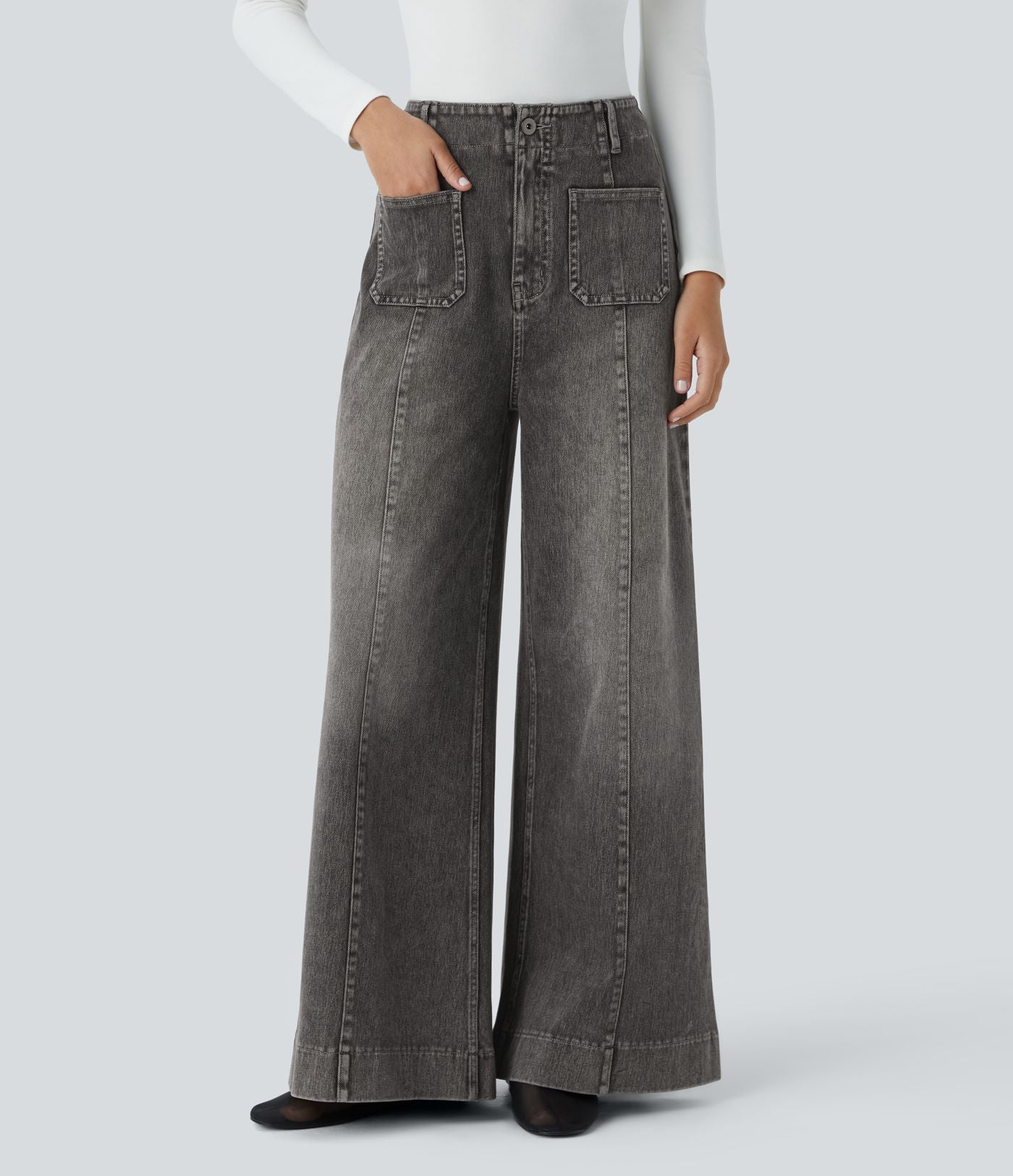 Halara Flex™ Jean large Palazzo et Taille Haute avec Poches Avant en Tricot Extensible Lavé
