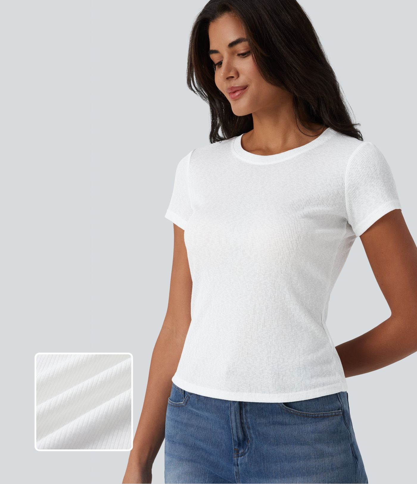 T-shirt casual semi-transparent côtelé maille col rond manches courtes