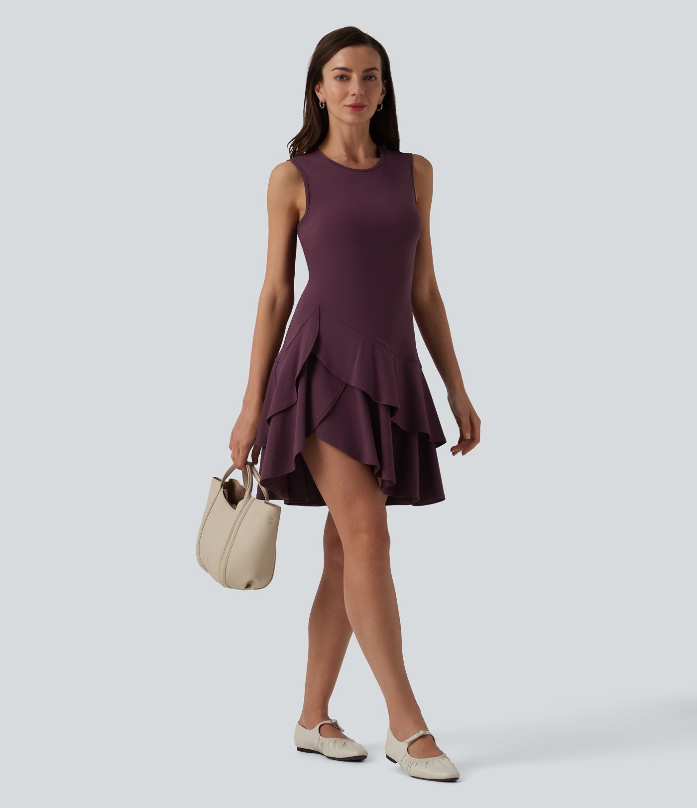 Robe mini décontractée SoftlyZero™ Airy col rond sans manches à volants superposés effet frais InstantCool