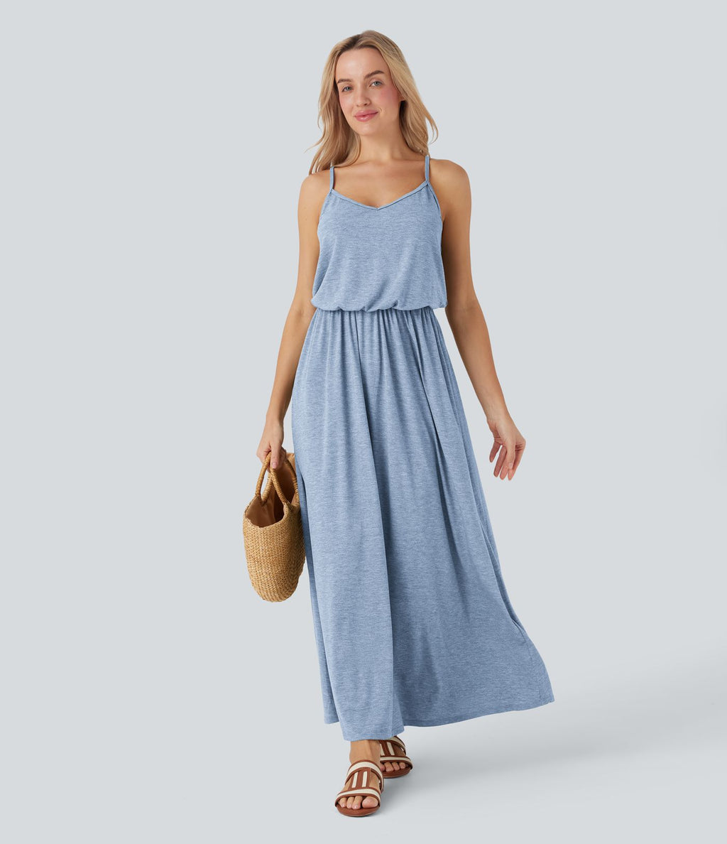 Robe longue fluide type nuisette à bretelles ajustables avec poches