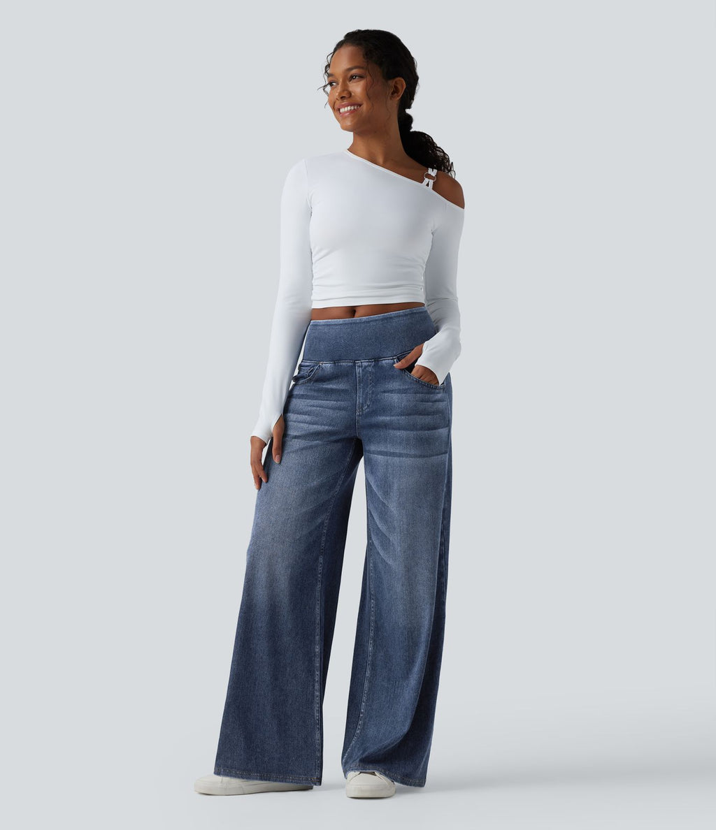 Halara Flex™ Jean large casual baggy taille mi-haute en lyocell drapé effet délavé, avec poches