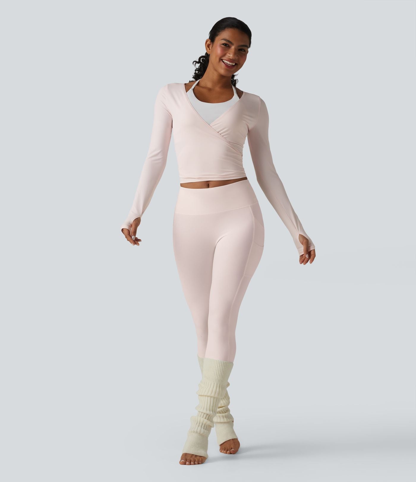 Haut de yoga à manches longues et bretelles croisées, toucher doux, protection solaire UPF50+