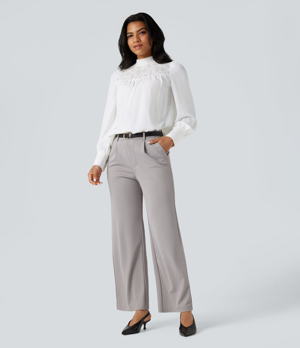 Chemise tailleur col montant dentelle contrastante manches longues