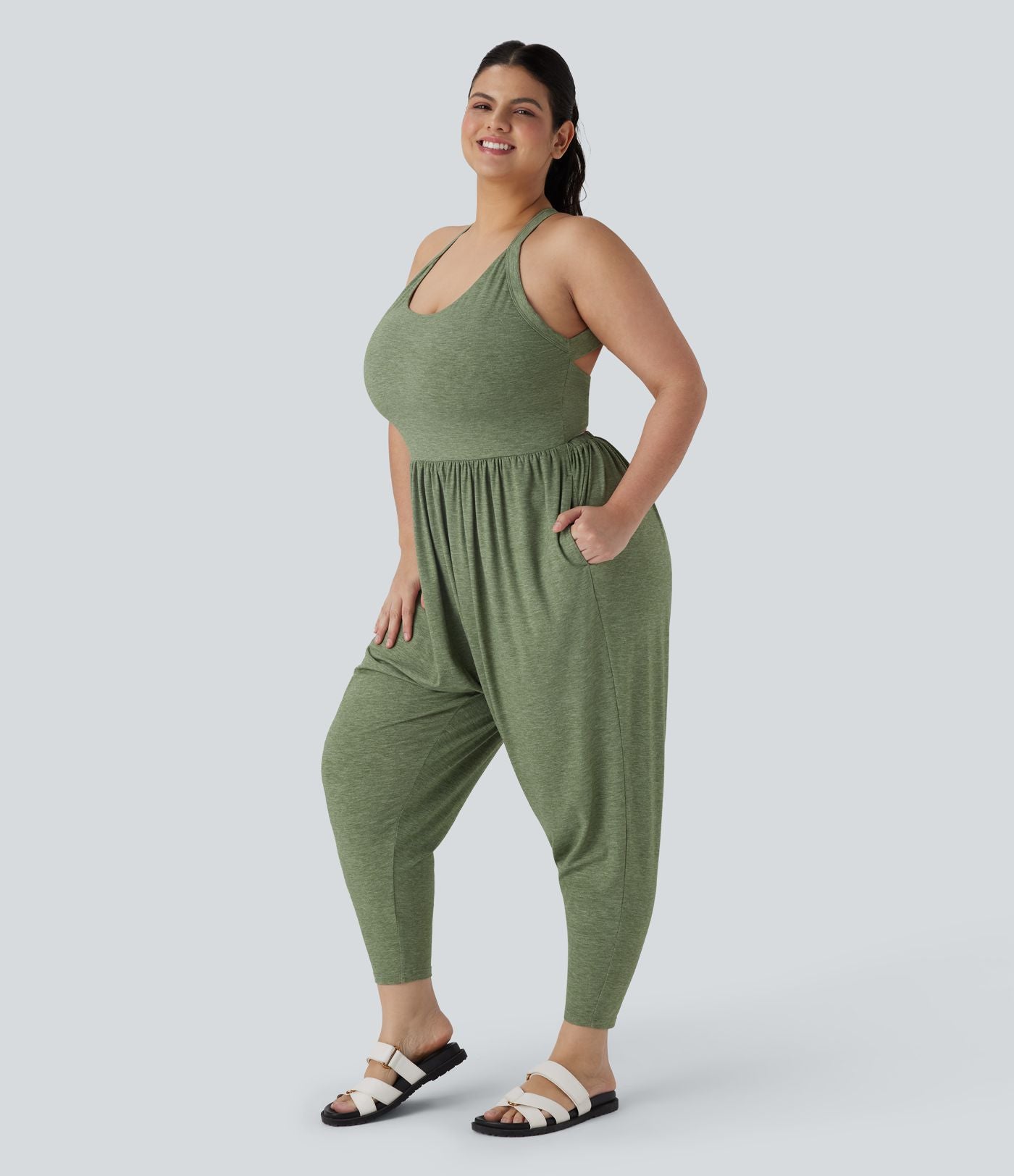 Combinaison sarouel dos nu torsadée grande taille avec poche latérale - Édition facile à enfiler