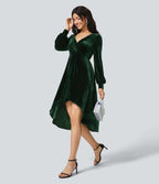 V Neck de Crossover Bishop Long Sleeve High Low Flowy Velvet Midi Casual Dress
