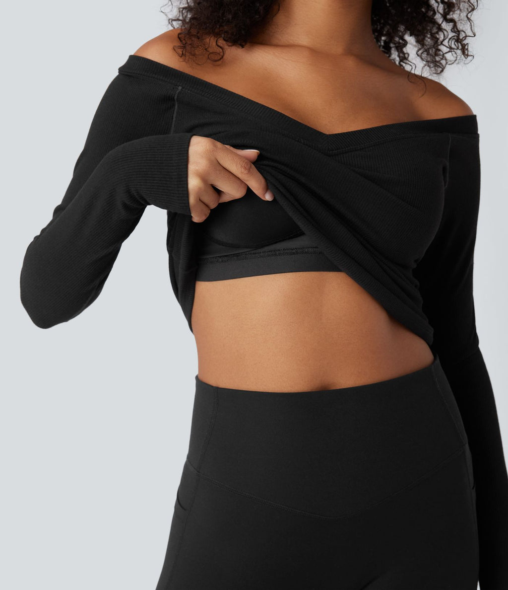 Top casual push-up côtelé épaules dénudées à manches longues - Bonnet A/B