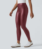 Legging casual 7/8 taille haute ventre plat en similicuir extensible, avec poches