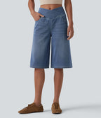 Short en jean ample Halara Flex™ taille haute croisé gainant décontracté avec poches