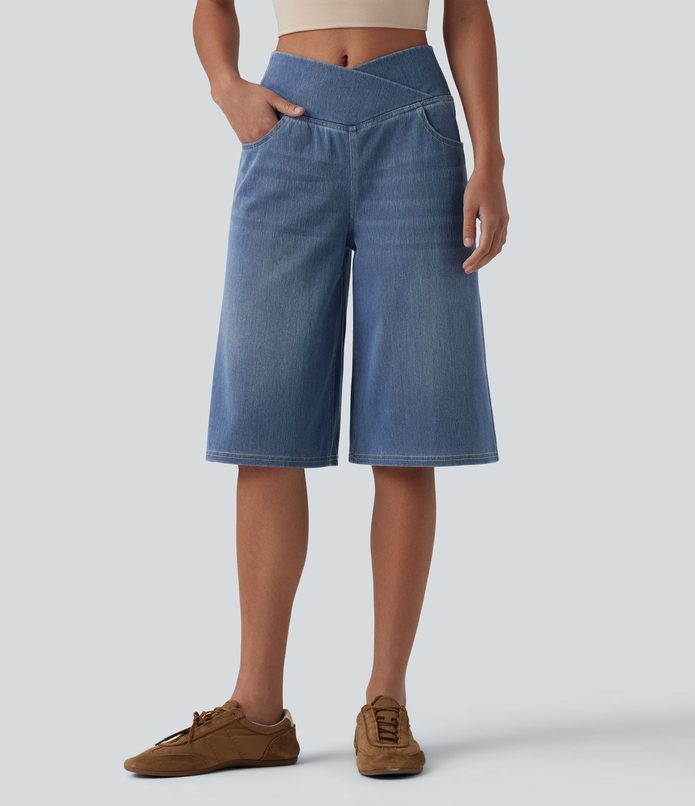 Short en jean ample Halara Flex™ taille haute croisé gainant décontracté avec poches