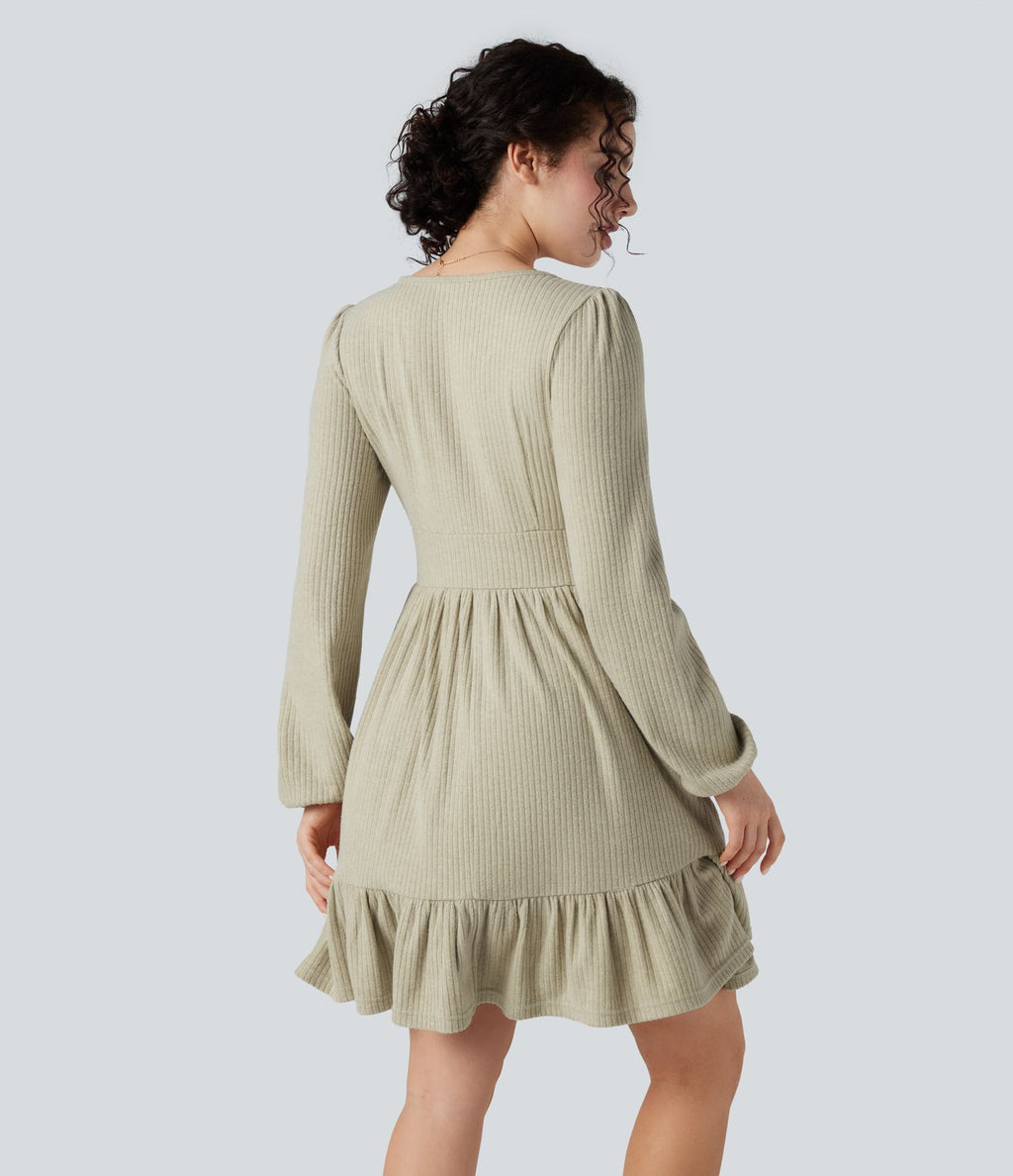 Robe mini côtelée col V volants manches longues