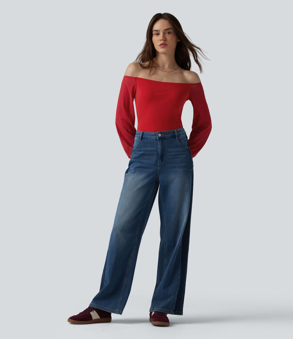 T-shirt SoftlyZero™ Airy décontracté épaules dénudées manches longues en tulle respirant effet frais InstantCool avec brassière intégrée, protection solaire UPF50+