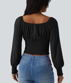 Blouse casual froncée à col carré et manches bouffantes