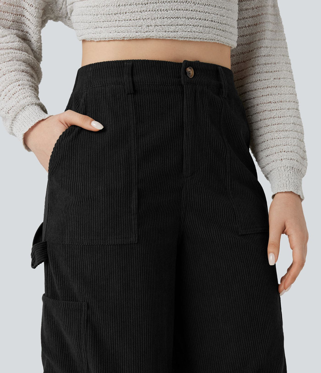 Pantalon décontracté droit en velours côtelé, taille haute, avec poches