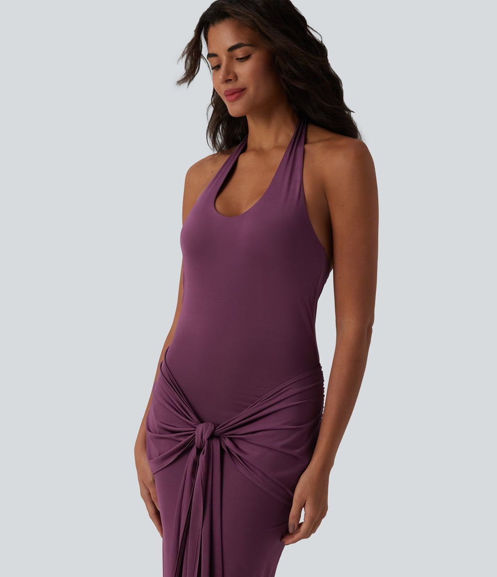 Robe maxi moulante col licou froncée effet frais InstantCool à nouer devant